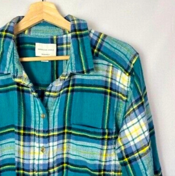American Eagle AEO Teal Plaid Boyfriend Fit Button Down Flannel Women's Small S - Picture 8 of 11